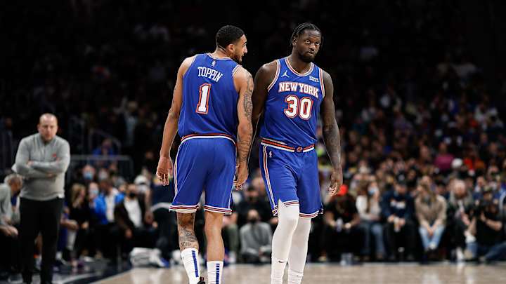 Feb 8, 2022; Denver, Colorado, USA; New York Knicks forward Julius Randle (30) comes on for forward Obi Toppin (1) in the second quarter against the Denver Nuggets at Ball Arena. Mandatory Credit: Isaiah J. Downing-Imagn Images Feb 8, 2022; Denver, Colorado, USA; New York Knicks forward Julius Randle (30) comes on for forward Obi Toppin (1) in the second quarter against the Denver Nuggets at Ball Arena. Mandatory Credit: Isaiah J. Downing-Imagn Images