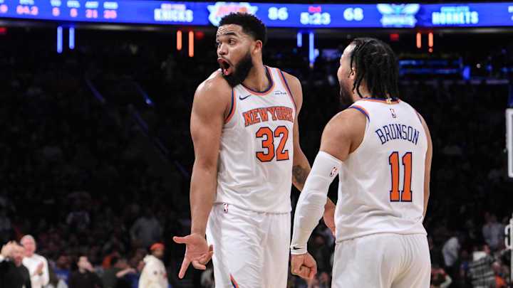 Dec 5, 2024; New York, New York, USA; New York Knicks center Karl-Anthony Towns (32) and New York Knicks guard Jalen Brunson (11) react during the second half against the Charlotte Hornets at Madison Square Garden. Mandatory Credit: John Jones-Imagn Images Dec 5, 2024; New York, New York, USA; New York Knicks center Karl-Anthony Towns (32) and New York Knicks guard Jalen Brunson (11) react during the second half against the Charlotte Hornets at Madison Square Garden. Mandatory Credit: John Jones-Imagn Images