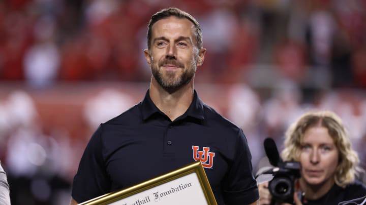 Aug 29, 2024; Salt Lake City, Utah, USA; Former NFL and Utah quarterback Alex Smith is introduced into the circle of honor during halftime in the game between the Utah Utes and the Southern Utah Thunderbirds at Rice-Eccles Stadium. Mandatory Credit: Rob Gray-USA TODAY Sports Aug 29, 2024; Salt Lake City, Utah, USA; Former NFL and Utah quarterback Alex Smith is introduced into the circle of honor during halftime in the game between the Utah Utes and the Southern Utah Thunderbirds at Rice-Eccles Stadium. Mandatory Credit: Rob Gray-USA TODAY Sports