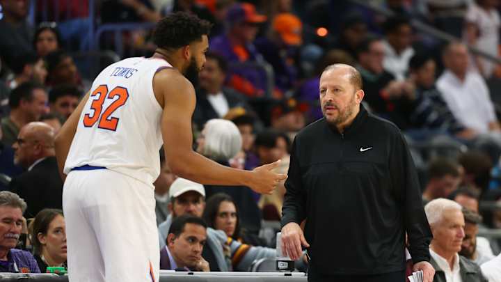 Nov 20, 2024; Phoenix, Arizona, USA; New York Knicks head coach Tom Thibodeau with center Karl-Anthony Towns (32) against the Phoenix Suns at Footprint Center. Mandatory Credit: Mark J. Rebilas-Imagn Images Nov 20, 2024; Phoenix, Arizona, USA; New York Knicks head coach Tom Thibodeau with center Karl-Anthony Towns (32) against the Phoenix Suns at Footprint Center. Mandatory Credit: Mark J. Rebilas-Imagn Images