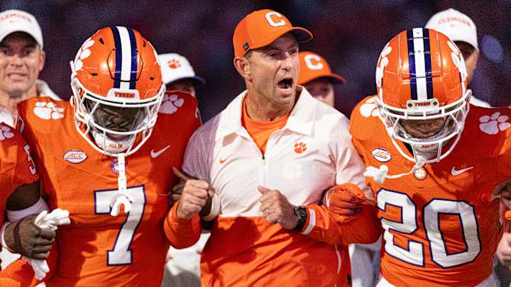 Head coach Dabo Swinney of the Clemson Tigers takes part in the Walk of Champions before the game against the Louisville Cardinals at Memorial Stadium on November 2, 2024 in Clemson, South Carolina. Head coach Dabo Swinney of the Clemson Tigers takes part in the Walk of Champions before the game against the Louisville Cardinals at Memorial Stadium on November 2, 2024 in Clemson, South Carolina.