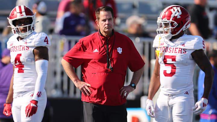 Head coach Curt Cignetti of the Indiana Hoosiers looks on prior to the game against the Northwestern Wildcats at Martin Stadium on October 05, 2024 in Chicago, Illinois. Head coach Curt Cignetti of the Indiana Hoosiers looks on prior to the game against the Northwestern Wildcats at Martin Stadium on October 05, 2024 in Chicago, Illinois.