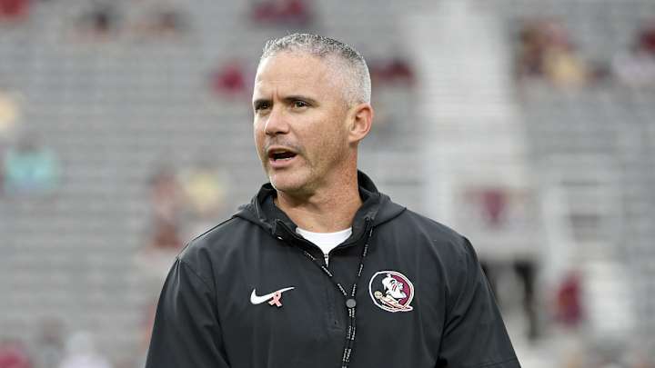 Oct 5, 2024; Tallahassee, Florida, USA; Florida State Seminoles head coach Mike Norvell reacts before the game against the Clemson Tigers at Doak S. Campbell Stadium. Mandatory Credit: Melina Myers-Imagn Images Oct 5, 2024; Tallahassee, Florida, USA; Florida State Seminoles head coach Mike Norvell reacts before the game against the Clemson Tigers at Doak S. Campbell Stadium. Mandatory Credit: Melina Myers-Imagn Images