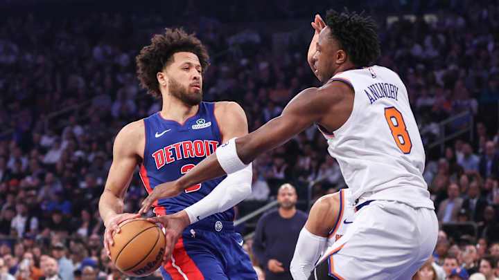 Apr 19, 2025; New York, New York, USA; Detroit Pistons guard Cade Cunningham (2) looks to drive past New York Knicks forward OG Anunoby (8) in Game One of the First Round of the NBA Playoffs at Madison Square Garden. Mandatory Credit: Wendell Cruz-Imagn Images Apr 19, 2025; New York, New York, USA; Detroit Pistons guard Cade Cunningham (2) looks to drive past New York Knicks forward OG Anunoby (8) in Game One of the First Round of the NBA Playoffs at Madison Square Garden. Mandatory Credit: Wendell Cruz-Imagn Images