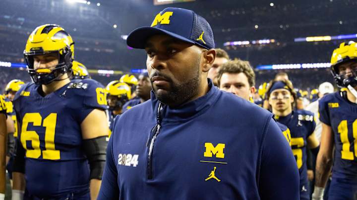 Jan 8, 2024; Houston, TX, USA; Michigan Wolverines offensive coordinator Sherrone Moore against the Jan 8, 2024; Houston, TX, USA; Michigan Wolverines offensive coordinator Sherrone Moore against the