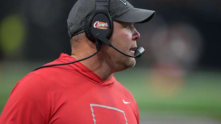 Dec 2, 2023; Las Vegas, NV, USA; UNLV Rebels head coach Barry Odom watches from the sidelines Dec 2, 2023; Las Vegas, NV, USA; UNLV Rebels head coach Barry Odom watches from the sidelines