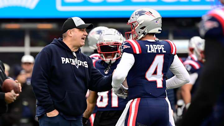 Dec 17, 2023; Foxborough, Massachusetts, USA; New England Patriots offensive coordinator Bill Dec 17, 2023; Foxborough, Massachusetts, USA; New England Patriots offensive coordinator Bill