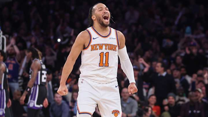Jan 25, 2025; New York, New York, USA; New York Knicks guard Jalen Brunson (11) celebrates during a timeout called by the Sacramento Kings in the third quarter at Madison Square Garden. Mandatory Credit: Wendell Cruz-Imagn Images Jan 25, 2025; New York, New York, USA; New York Knicks guard Jalen Brunson (11) celebrates during a timeout called by the Sacramento Kings in the third quarter at Madison Square Garden. Mandatory Credit: Wendell Cruz-Imagn Images