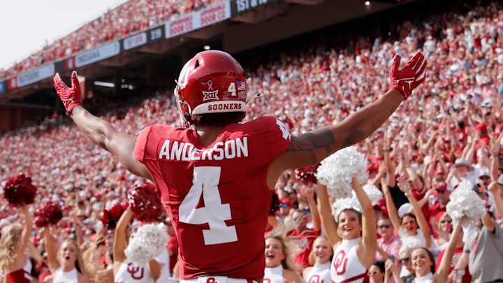 Oklahoma's Nic Anderson (4) celebrates a touchdown. Oklahoma's Nic Anderson (4) celebrates a touchdown.