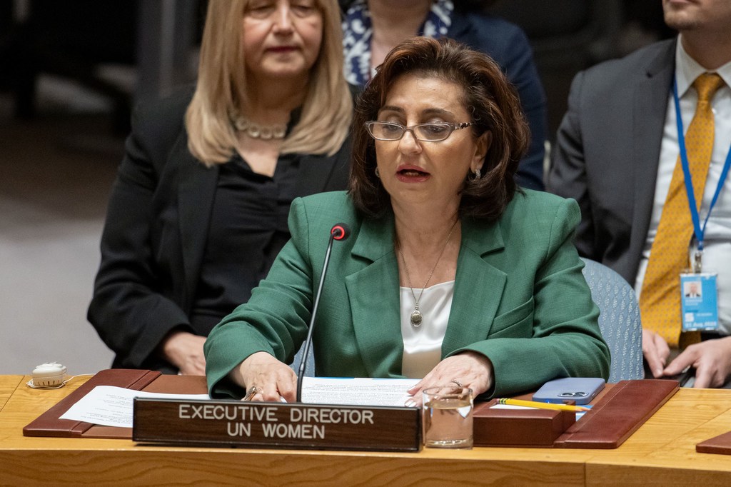 Sima Bahous, Executive Director of UN Women, briefs the Security Council meeting on women and peace and security. Sima Bahous, Executive Director of UN Women, briefs the Security Council meeting on women and peace and security.
