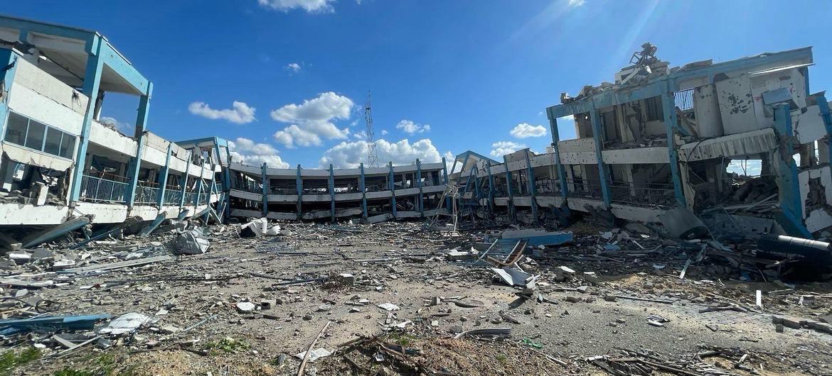 Nearly 190 UNRWA installations, many sheltering displaced people, have been damaged or destroyed during the conflict. Pictured here, the remains of an UNRWA school. Nearly 190 UNRWA installations, many sheltering displaced people, have been damaged or destroyed during the conflict. Pictured here, the remains of an UNRWA school.
