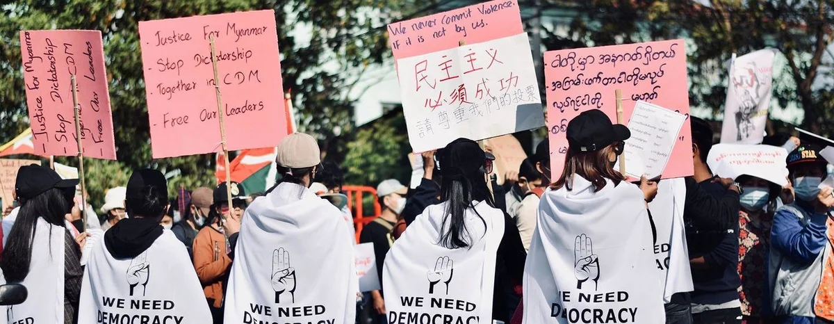 Young people take part in a pro-democracy demonstration in Myanmar.