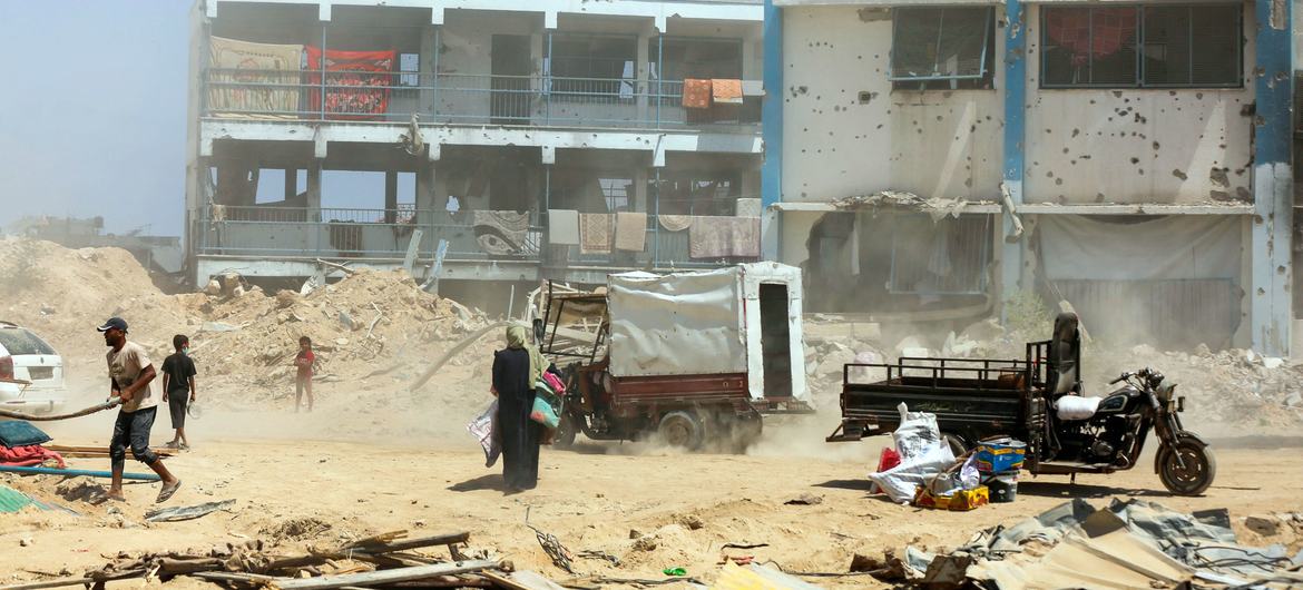 A school in Gaza which is being used as a shelter shows the signs of serious bomb damage. A school in Gaza which is being used as a shelter shows the signs of serious bomb damage.