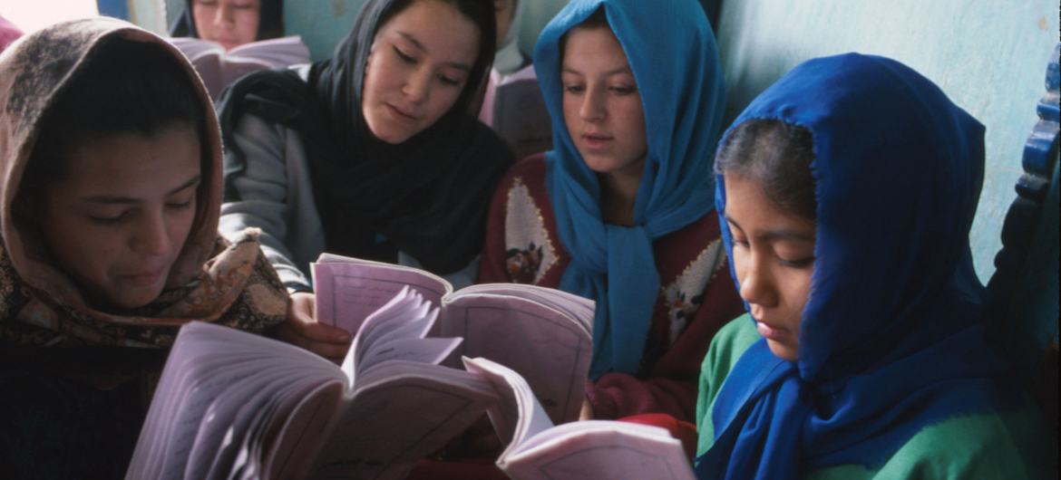 Girls reading textbooks at the Dasht-e-Barchi Education Centre in Kabul, Afghanistan. (file) Girls reading textbooks at the Dasht-e-Barchi Education Centre in Kabul, Afghanistan. (file)