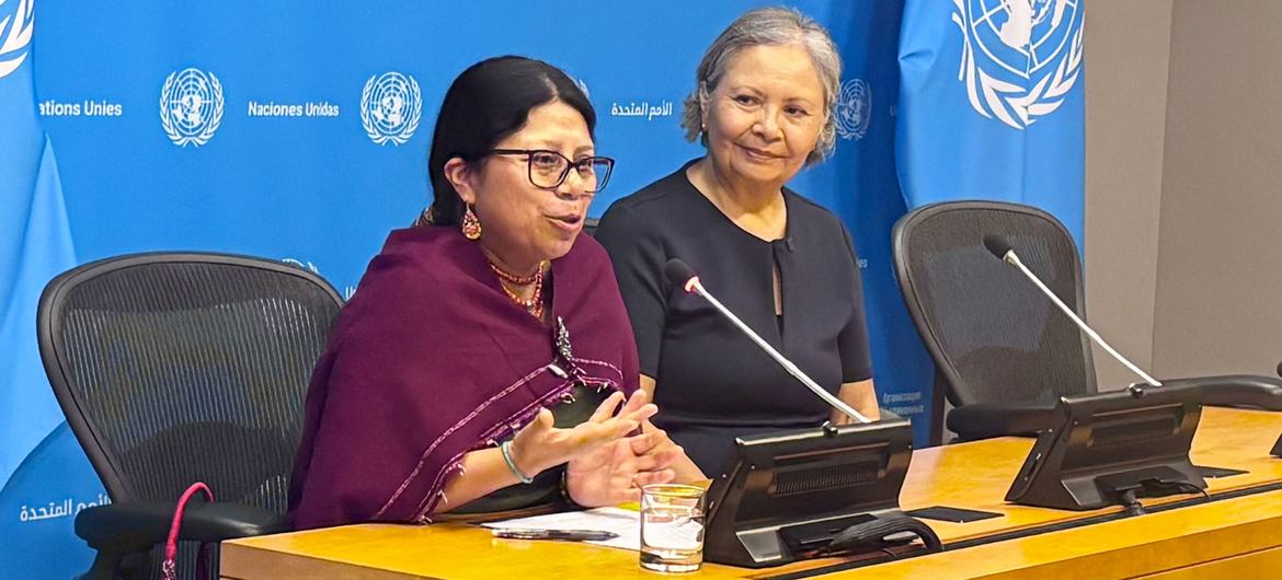 Mirian Masaquiza Jerez, a UN Social Affairs Officer, and Brenda Reynolds, a recipient of the 2025 United Nations Nelson Rolihlahla Mandela Prize, brief Indigenous youth visiting UN Headquarters in New York. Mirian Masaquiza Jerez, a UN Social Affairs Officer, and Brenda Reynolds, a recipient of the 2025 United Nations Nelson Rolihlahla Mandela Prize, brief Indigenous youth visiting UN Headquarters in New York.
