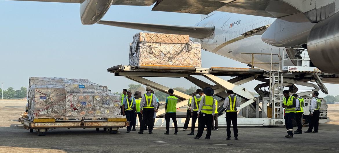 UN emergency supplies for families affected by the Myanmar earthquake arrive at Yangon airport. UN emergency supplies for families affected by the Myanmar earthquake arrive at Yangon airport.