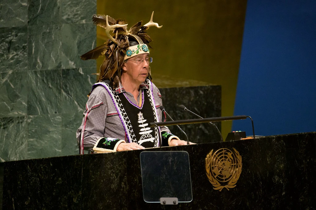 Chief Tadodaho Sidney Hill of the Onondaga Nation performs a traditional welcome at the opening of the 23rd Session of Permanent Forum on Indigenous Issues.