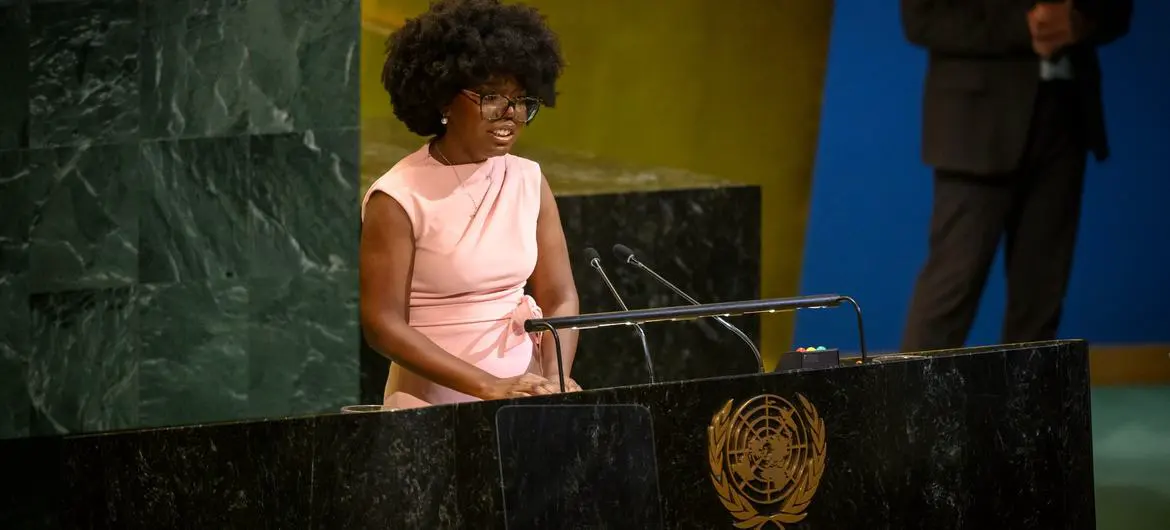 Jordan Sanchez, a young poet, speaks at the General Assembly during the commemoration of the 80th anniversary of the signing of the UN Charter. Jordan Sanchez, a young poet, speaks at the General Assembly during the commemoration of the 80th anniversary of the signing of the UN Charter.