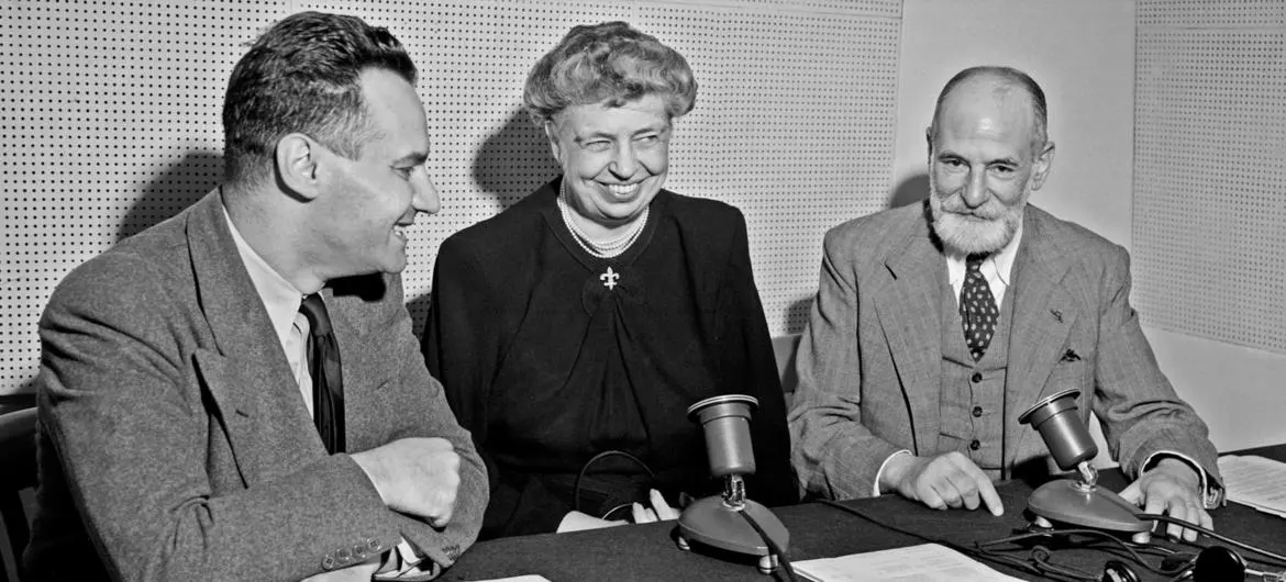 UN Radio Commentator Georges Day (left) of France, Eleanor D. Roosevelt, Chairman of the UN Commission on Human Rights and Professor René Cassin of France, take part in a radio roundtable discussion from Lake Success, New York. UN Radio Commentator Georges Day (left) of France, Eleanor D. Roosevelt, Chairman of the UN Commission on Human Rights and Professor René Cassin of France, take part in a radio roundtable discussion from Lake Success, New York.