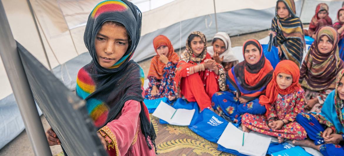 Survivors of a devastating earthquake in Afghanistan attend class at a UNICEF-supported community-based education centre in Gayan District, Paktika Province. Survivors of a devastating earthquake in Afghanistan attend class at a UNICEF-supported community-based education centre in Gayan District, Paktika Province.