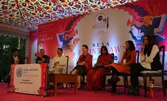 The session on climate emergency at Jaipur Literature Festival. (L to R) Mr. Sameer Saran, moderator and president of Observer Research Foundation; Mr. Apoorva Oza, chief executive officer of Aga Khan Rural Support Programme (India); Mr. Sonam Wangchuk,