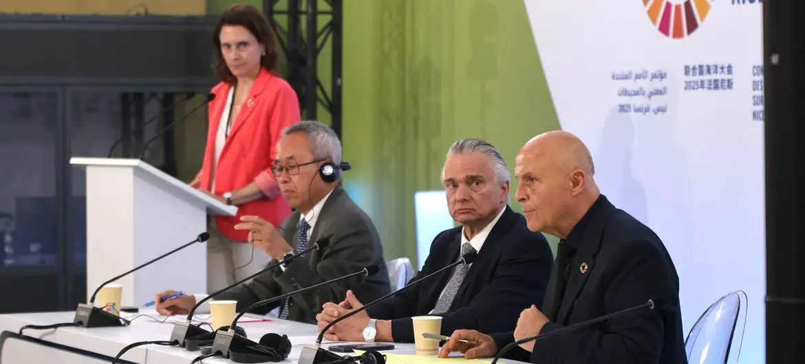 Olivier Poivre d’Arvor (right), France’s special envoy for the conference, at UNOC3’s closing press conference, in Nice.