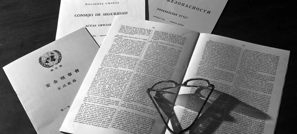 The Birth of a United Nations Document exhibit in 1948 included a display of official Security Council records. (file) The Birth of a United Nations Document exhibit in 1948 included a display of official Security Council records. (file)