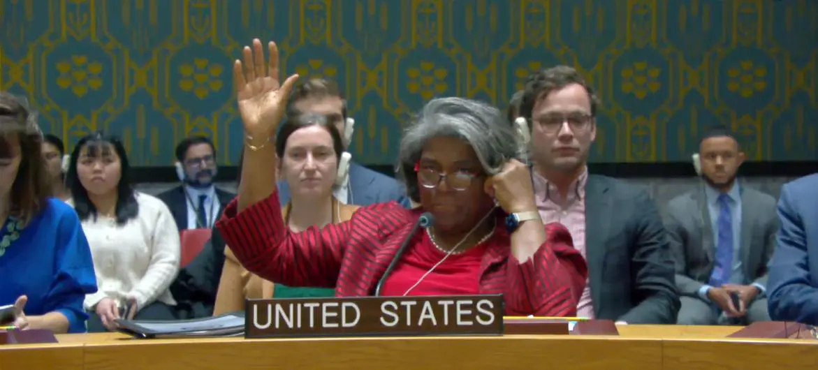 United States Ambassador Linda Thomas-Greenfield votes in abstention of the draft resolution in the UN Security Council meeting on the situation in the Middle East, including the Palestinian question. (file) United States Ambassador Linda Thomas-Greenfield votes in abstention of the draft resolution in the UN Security Council meeting on the situation in the Middle East, including the Palestinian question. (file)