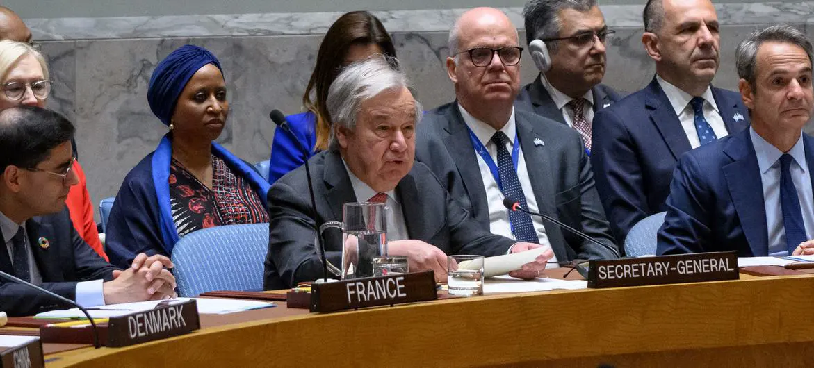Secretary-General António Guterres (centre) addresses the UN Security Council meeting on strengthening maritime security through international cooperation for global stability under maintenance of international peace and security.