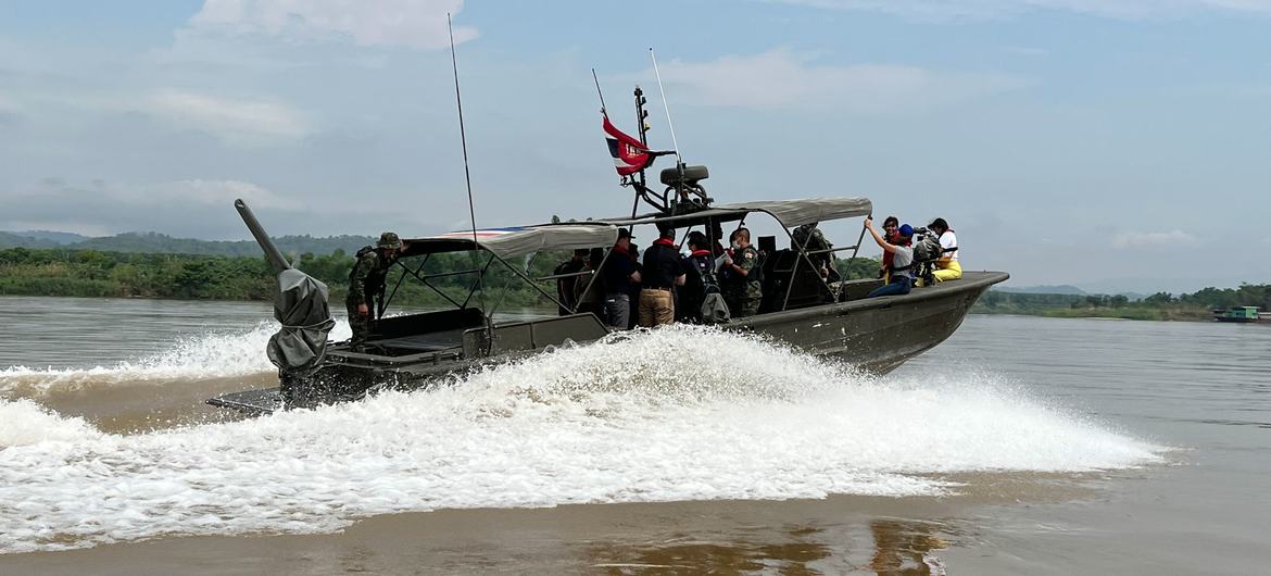 A Thai navy launch patrols the Mekong River along the borders of Thailand with Laos and Myanmar. A Thai navy launch patrols the Mekong River along the borders of Thailand with Laos and Myanmar.