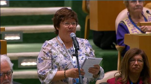 Linda Sestock, the president of the Canadian Federation of University Women, speaking at GA Hall during CSW69.