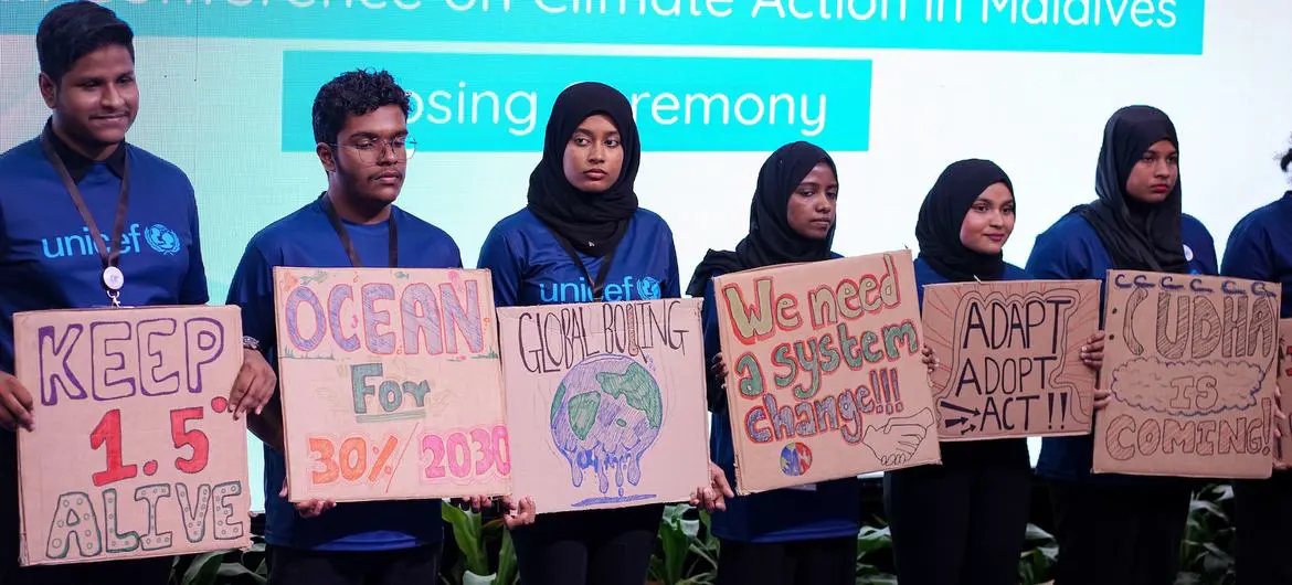 A group of young Maldivians at a national conference as the country prepares for the COP28 climate summit.