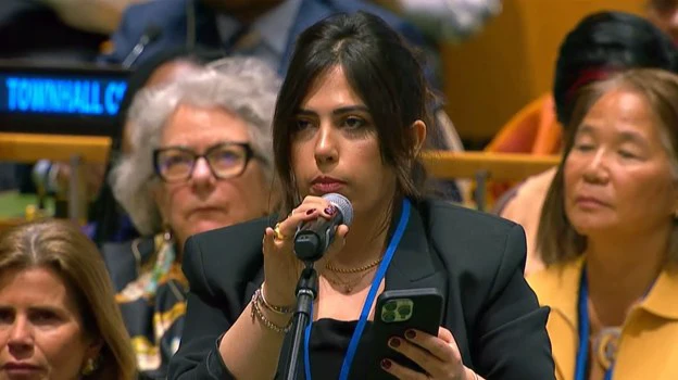 Moufeeda Haidar from youth NGO Restless Development, speaks in the GA Hall during CSW69.