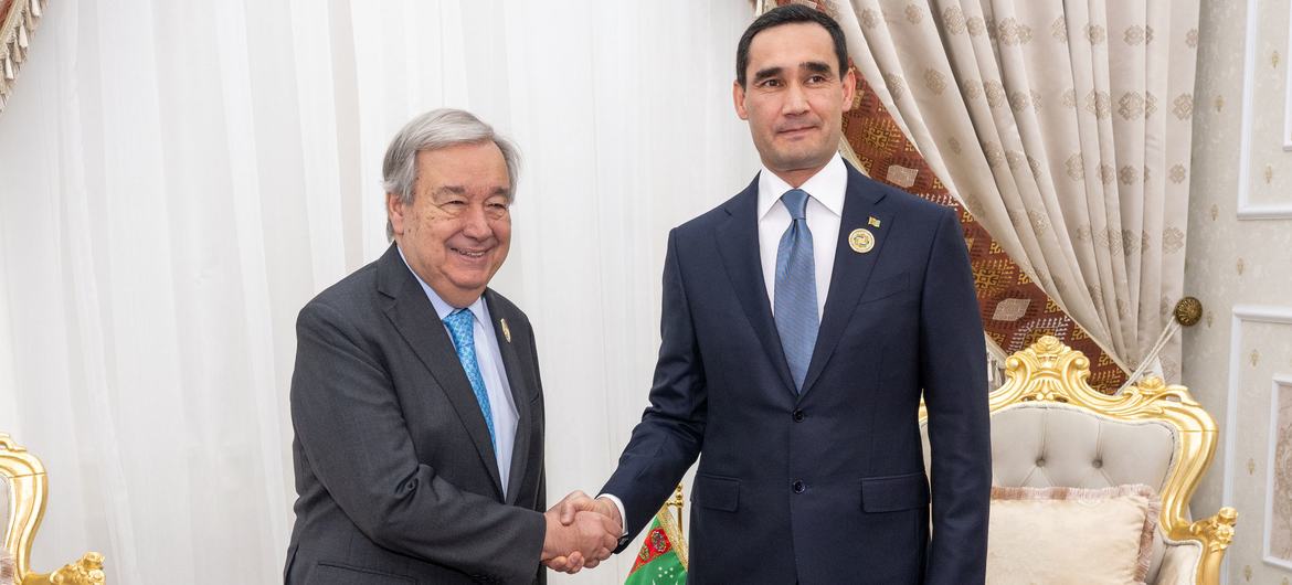 UN Secretary-General António Guterres (left) meets President Serdar Gurbangulyýewiç Berdimuhamedow of Turkmenistan, during his visit for the Third United Nations Conference on Landlocked Developing Countries being held in Awaza. UN Secretary-General António Guterres (left) meets President Serdar Gurbangulyýewiç Berdimuhamedow of Turkmenistan, during his visit for the Third United Nations Conference on Landlocked Developing Countries being held in Awaza.