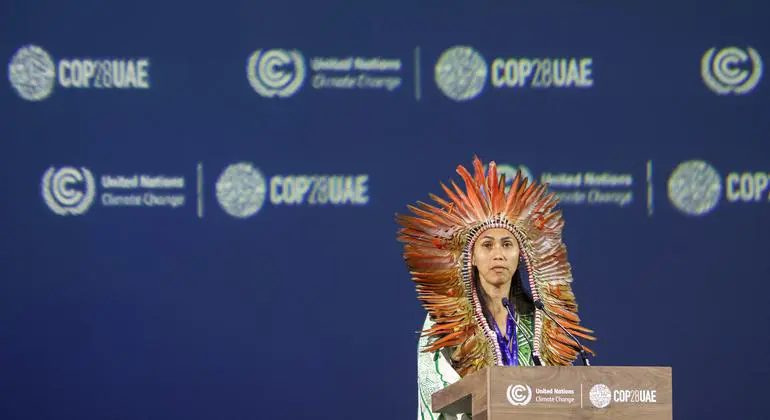 Isabel Prestes da Fonseca, a representative of the Brazilian indigenous community, addressing the World Climate Action Summit during the UN Climate Change Conference COP28 at Expo City in Dubai, United Arab Emirates.