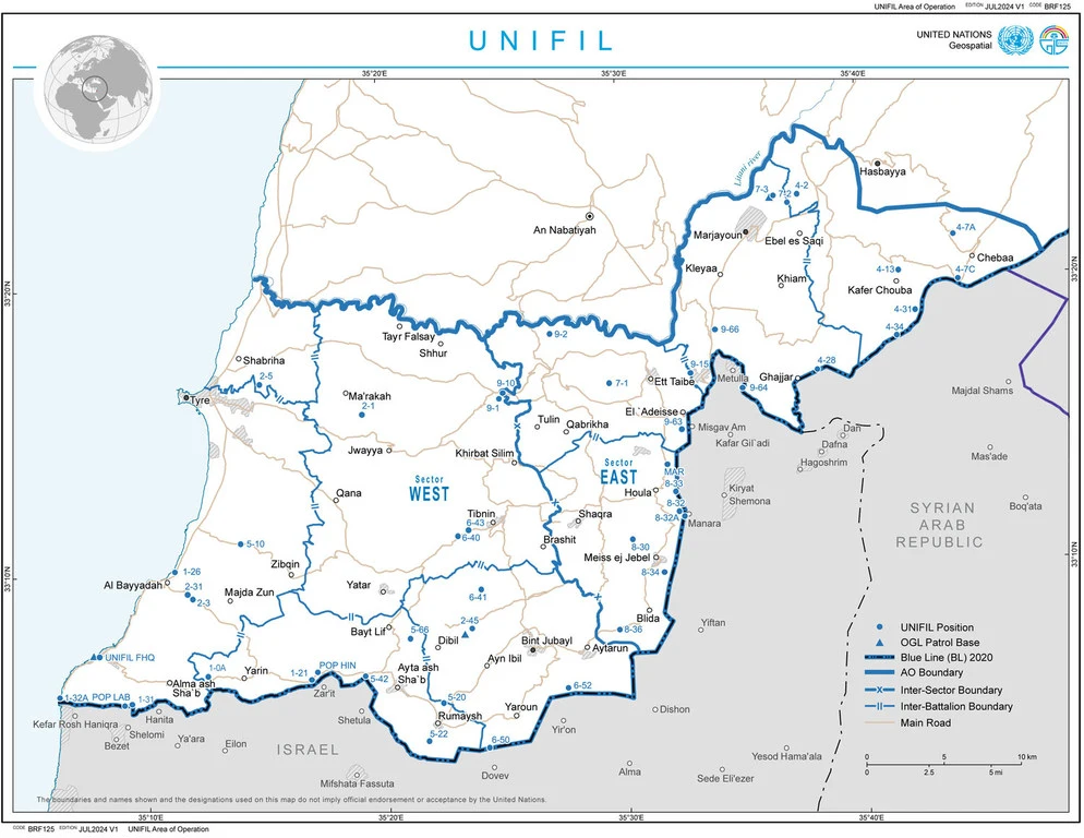 A map of UNIFIL area of operations.