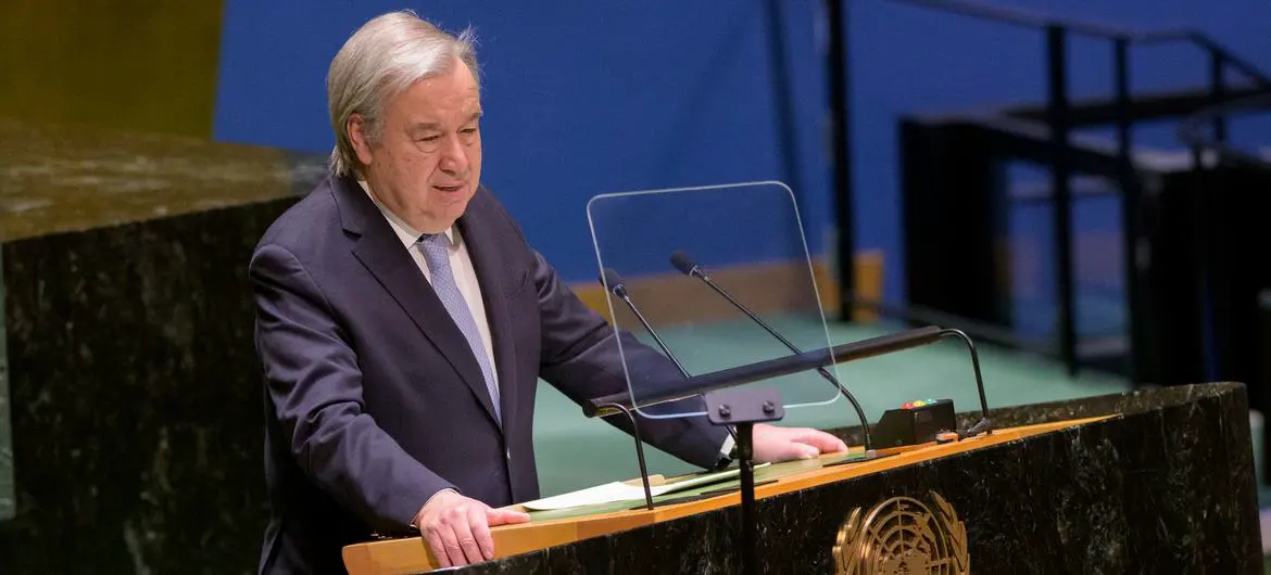 Secretary-General António Guterres addresses the General Assembly on the request for an advisory opinion of the International Court of Justice on the obligations of States in respect of climate change.