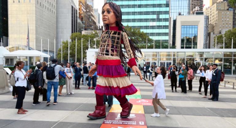 Little Amal, a 12-foot-tall puppet depicting a 10 year old Syrian refugee visits Transforming Education Summit in New York, reminding that education is a basic right. Little Amal, a 12-foot-tall puppet depicting a 10 year old Syrian refugee visits Transforming Education Summit in New York, reminding that education is a basic right.