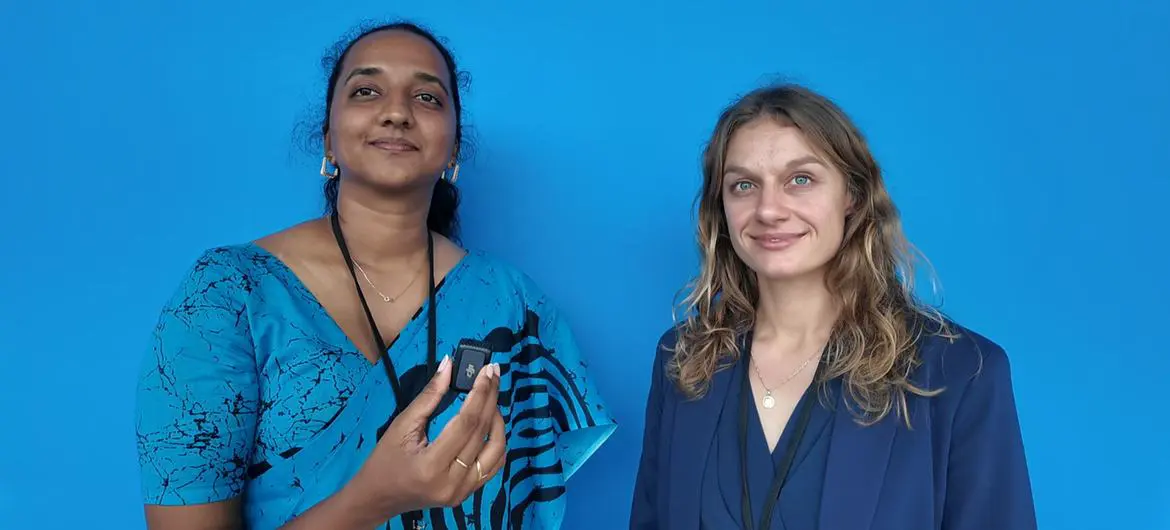 Martina Burtscher (right) and Udani Hewa Maddumage (left) talk to UN News.