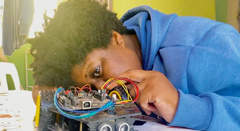 A Brazilian scientist working on a robot in Rio de Janeiro A Brazilian scientist working on a robot in Rio de Janeiro