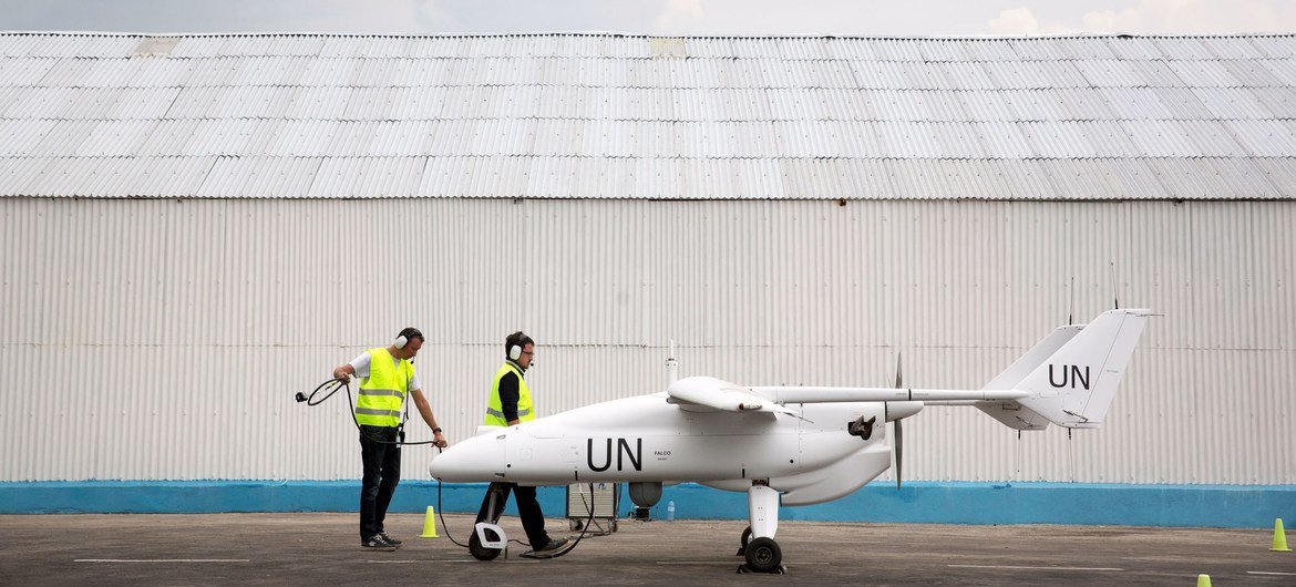 An unmanned aerial vehicle or drone is prepared for flight in Goma, in the Democratic Republic of the Congo. An unmanned aerial vehicle or drone is prepared for flight in Goma, in the Democratic Republic of the Congo.