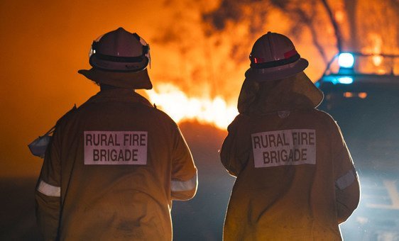 Two firefighters in Queensland, Australia, where the worst wildfires seen in decades are devastating large swathes of the country. Two firefighters in Queensland, Australia, where the worst wildfires seen in decades are devastating large swathes of the country.