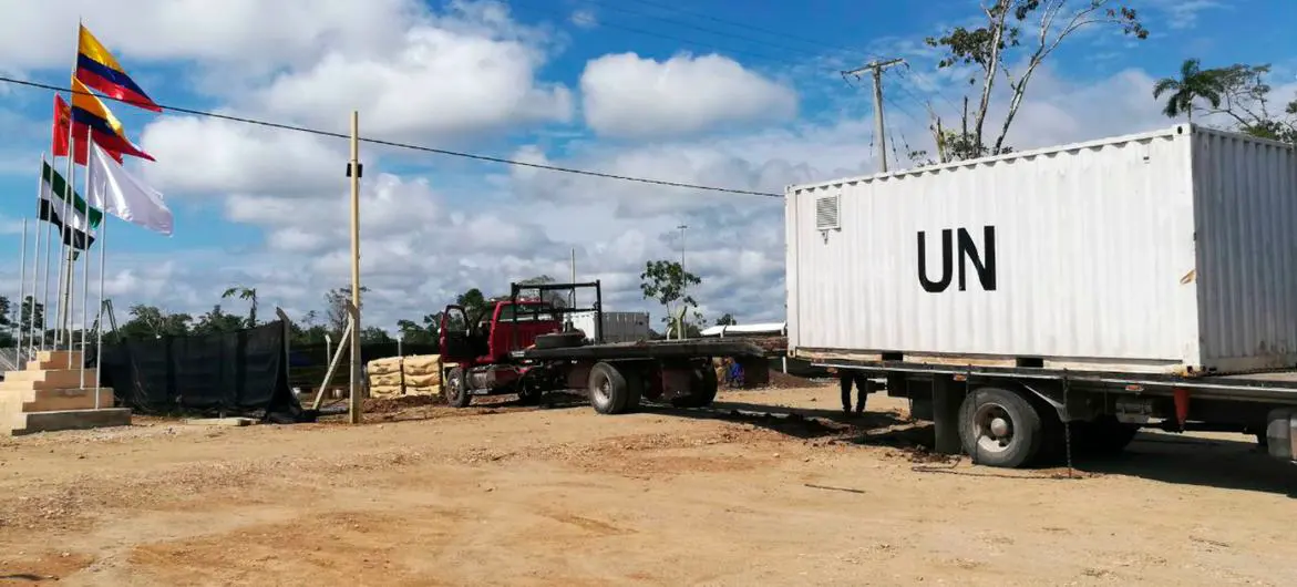 FARC in Putumayo gave up their arms in 2017 as part of the Colombian Peace Agreement. Here the UN is transporting them in a container.