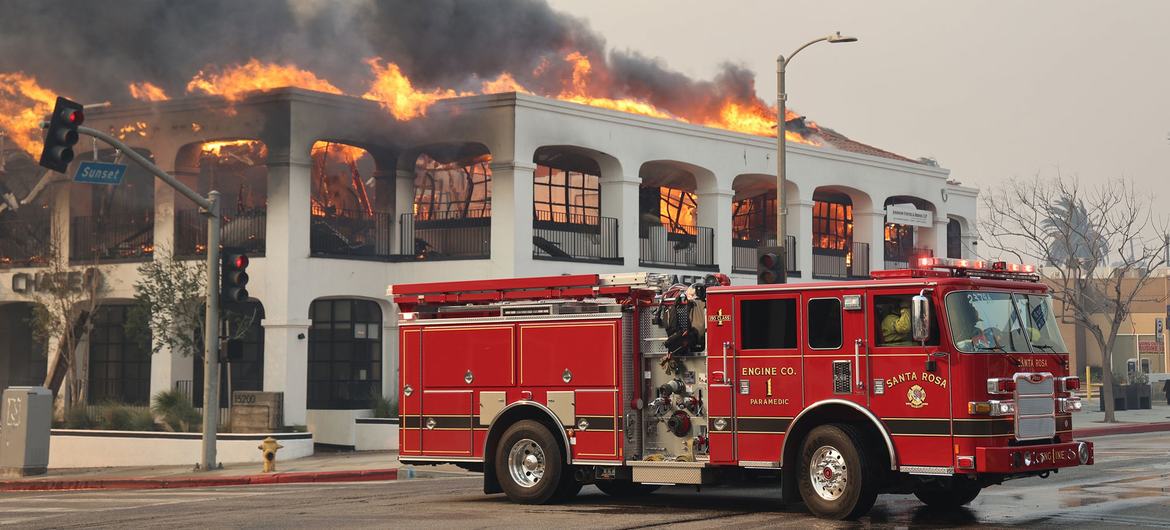 A bank building burns in Los Angeles, California. A bank building burns in Los Angeles, California.
