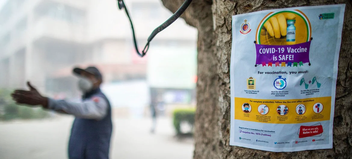 In New Delhi India, a poster plays a role in dispelling myths about the COVID-19 vaccine. In New Delhi India, a poster plays a role in dispelling myths about the COVID-19 vaccine.