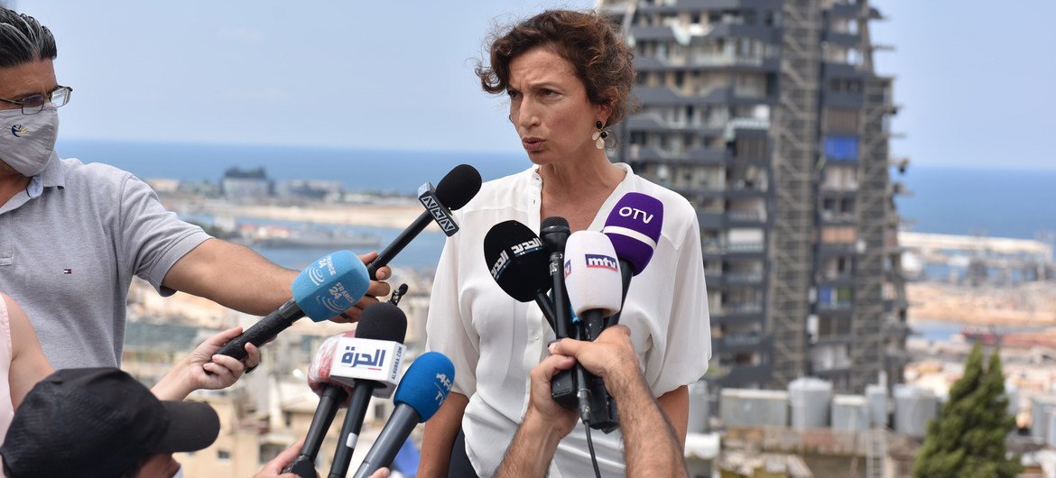 Audrey Azoulay, UNESCO’s Director-General, talks to the media during her visit to Beirut in August 2020. Audrey Azoulay, UNESCO’s Director-General, talks to the media during her visit to Beirut in August 2020.