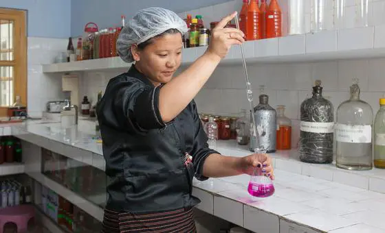 A female trainee chemist conducts a test at a fruit company in Samtse, Bhutan.