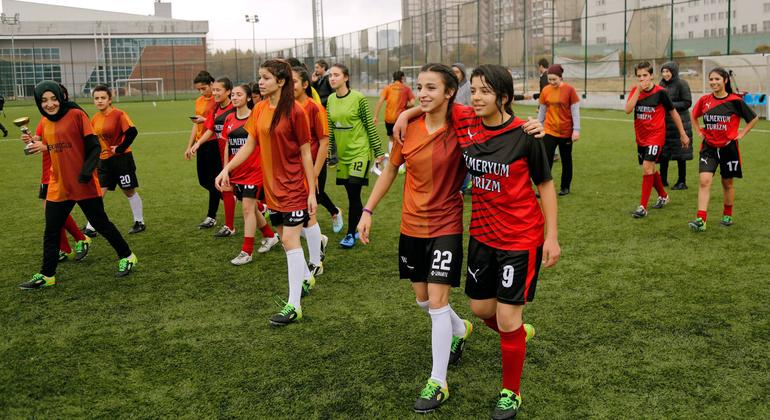 In Turkey, young women play in a soccer match to end violence against women and girls. In Turkey, young women play in a soccer match to end violence against women and girls.
