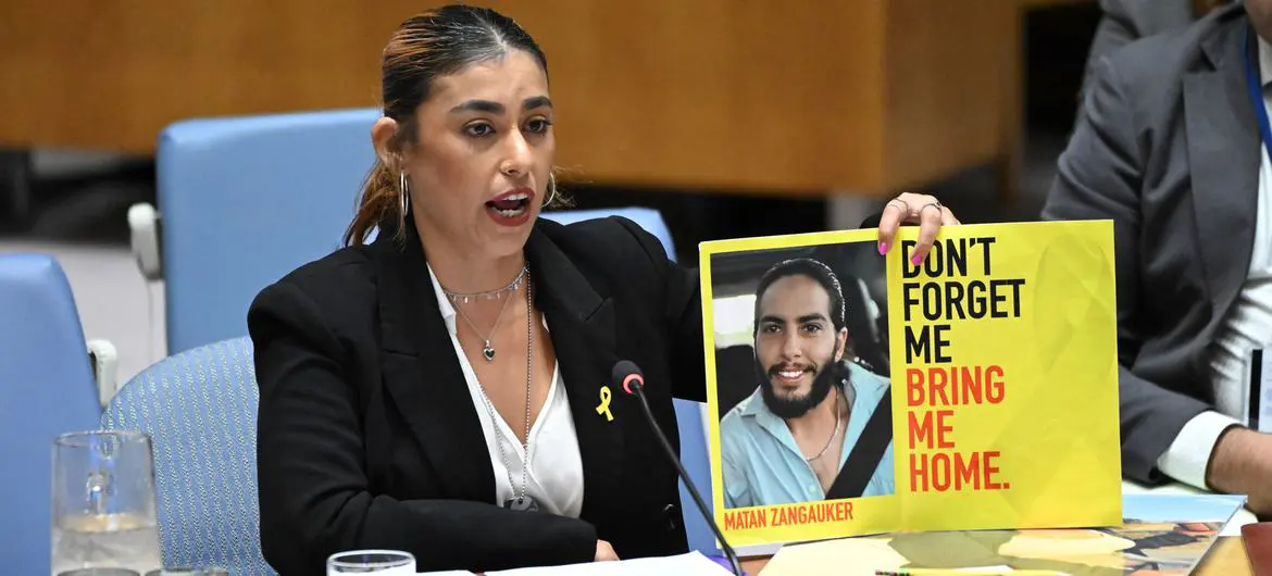 Ilana Gritzewsky, survivor of Hamas captivity and partner of Matan Zangauker, addresses the United Nations Security Council meeting on the situation in the Middle East, including the Palestinian question.