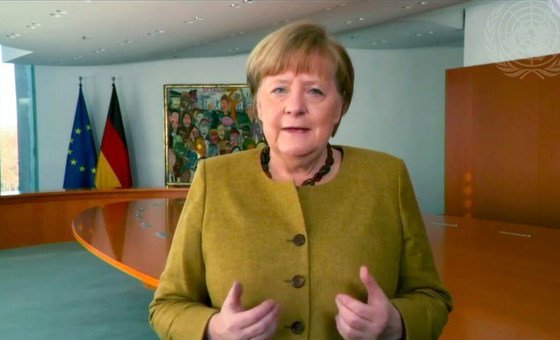 Chancellor Angela Merkel of Germany delivers the key note address during the virtual memorial ceremony and discussion marking the International Day of Commemoration in memory of the victims of the Holocaust. Chancellor Angela Merkel of Germany delivers the key note address during the virtual memorial ceremony and discussion marking the International Day of Commemoration in memory of the victims of the Holocaust.